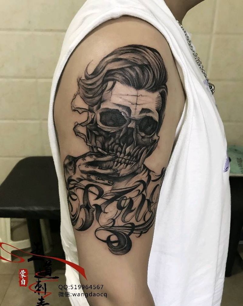 骷髅纹身图片_手臂手部New SchoolOld School骷髅花臂花体字纹身图案