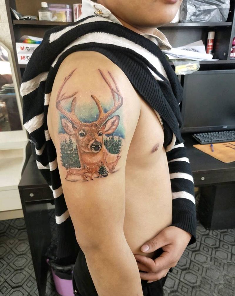 鹿头纹身图片_手部欧美写实新传统纹身图案