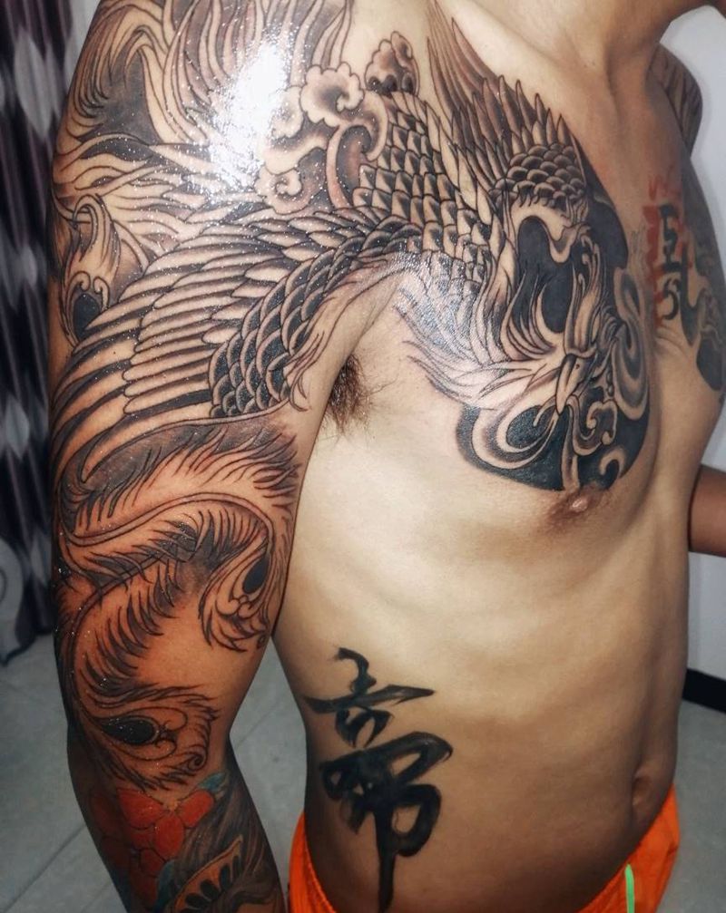 披肩凤   书法帝字纹身图片