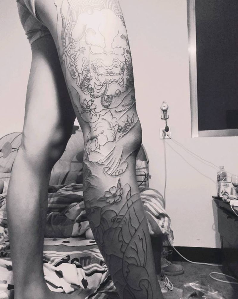 唐狮班若纹身图片_腿部新传统唐狮 班若纹身图案