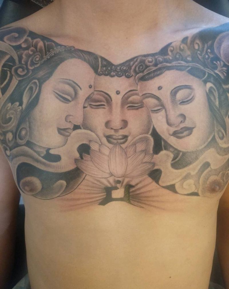 三面佛纹身图片_胸部新传统纹身图案