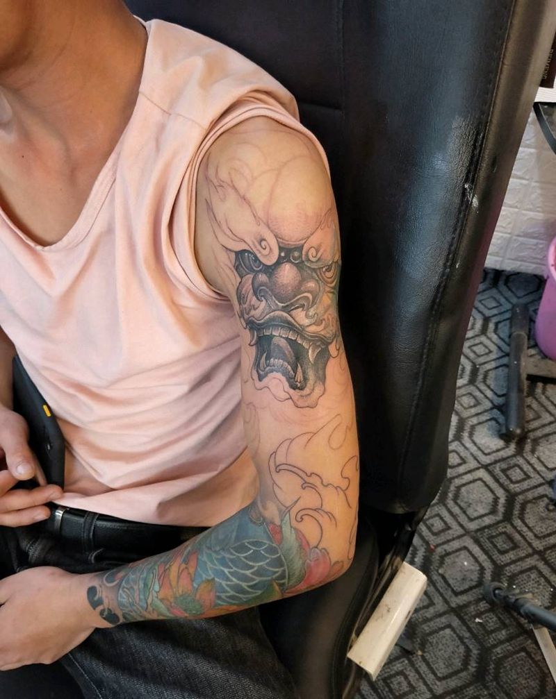 唐狮纹身图片_手臂新传统纹身图案