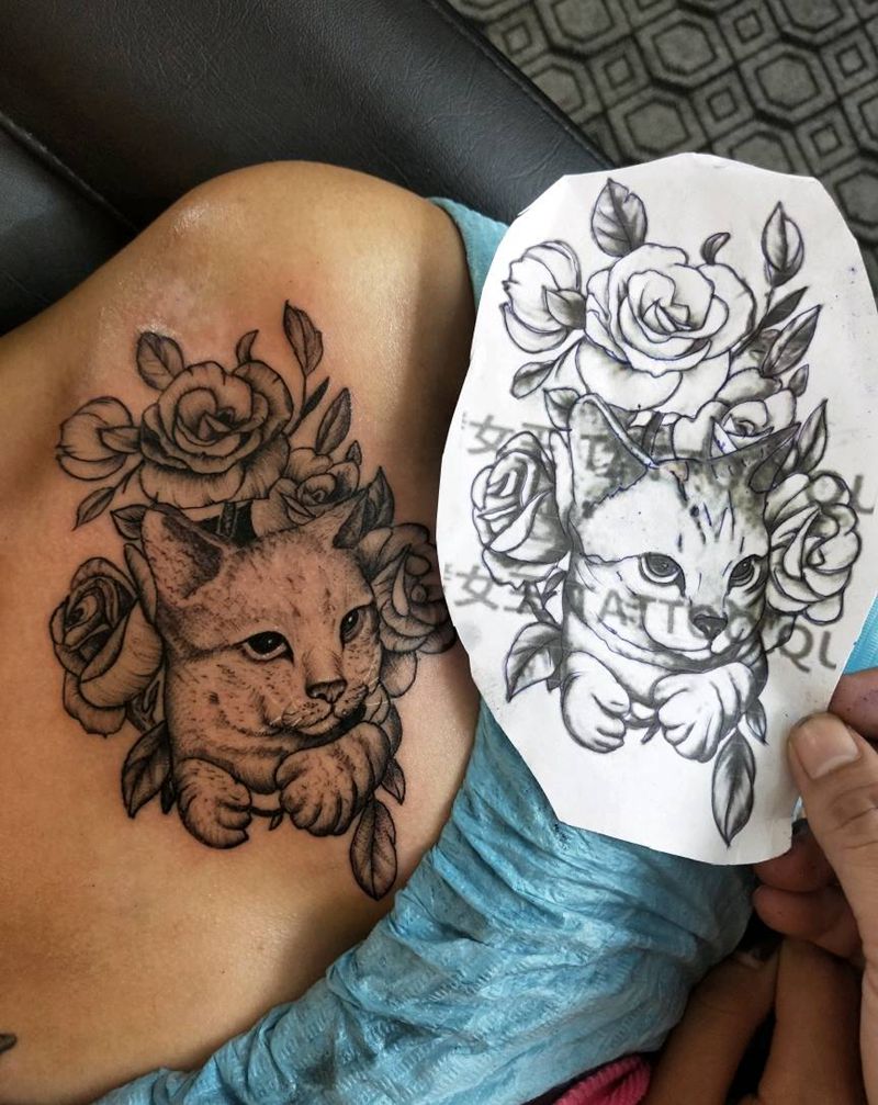 猫纹身图片_胸部点刺纹身图案