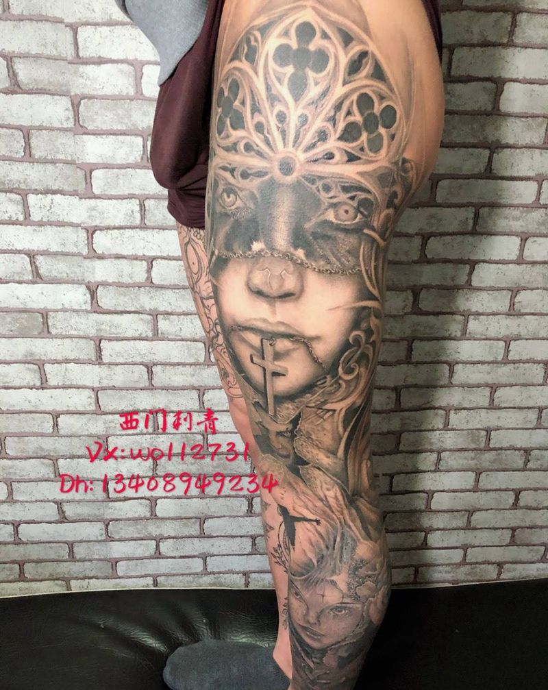 暗黑系花腿纹身图片