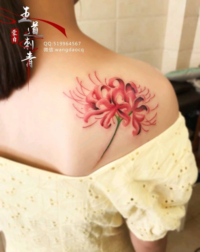 彼岸花纹身图片_肩部背部New School水彩彼岸花曼珠沙华玫瑰花纹身图案