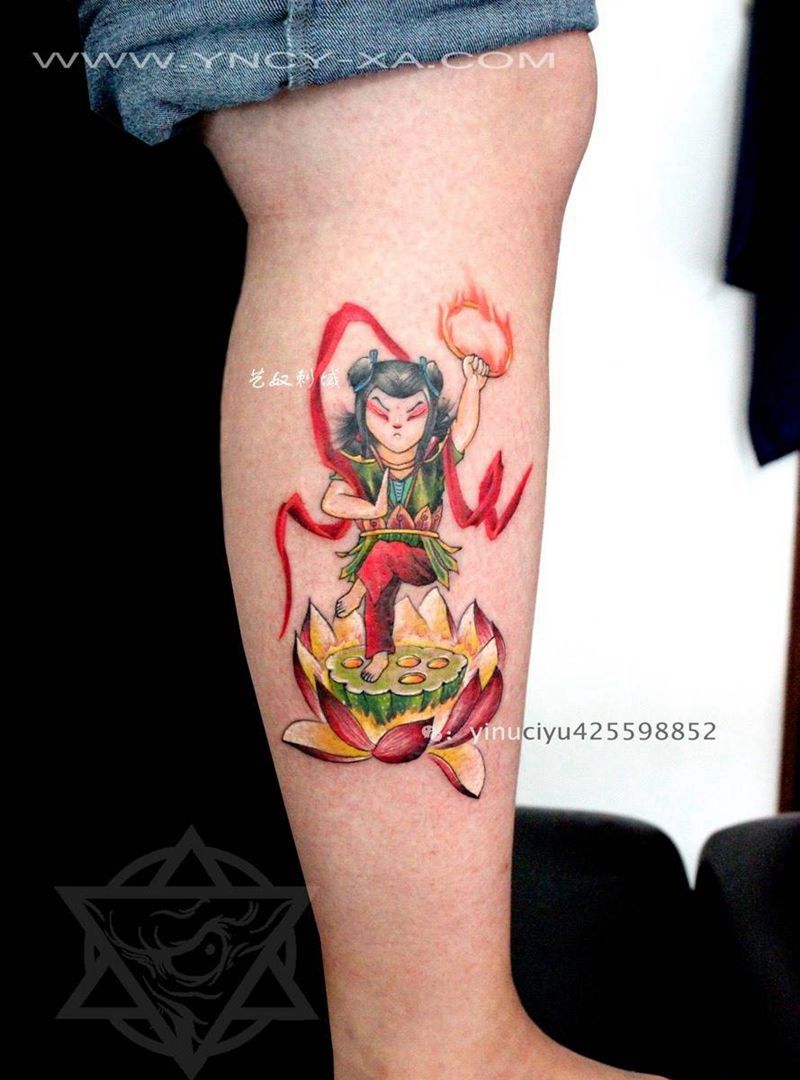 原创哪吒纹身图片_成品腿部传统原创人物艺奴刺域纹身图案