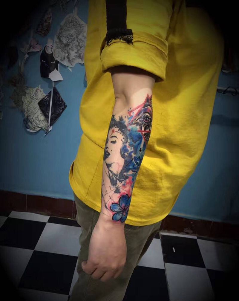 彩色拼接小臂纹身图片