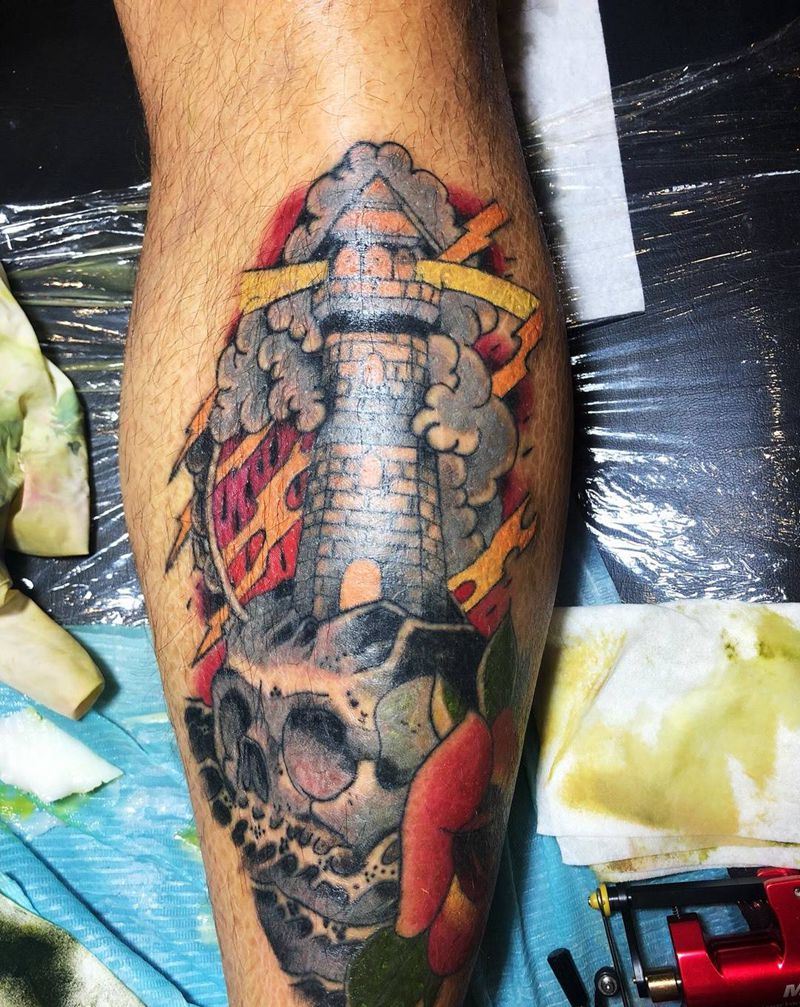 School灯塔纹身图片_欧美腿部成品纹身图案