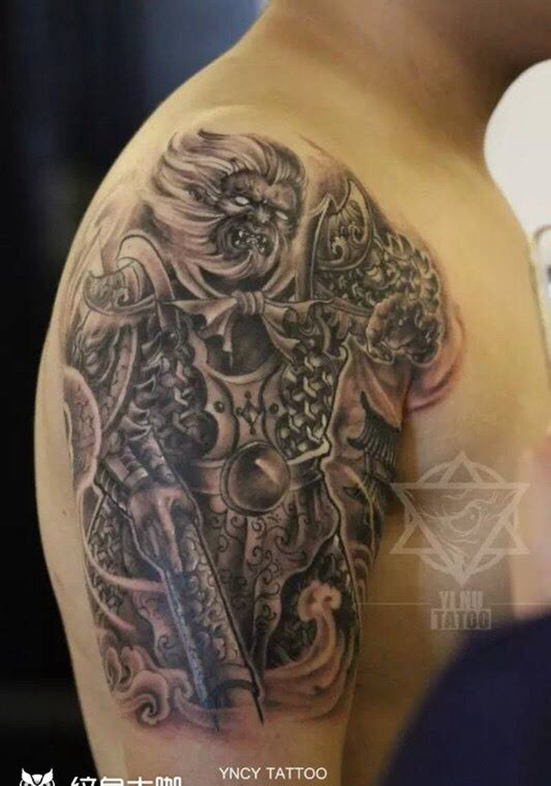 原创齐天大圣纹身图片_成品手臂传统鬼神人物纹身图案