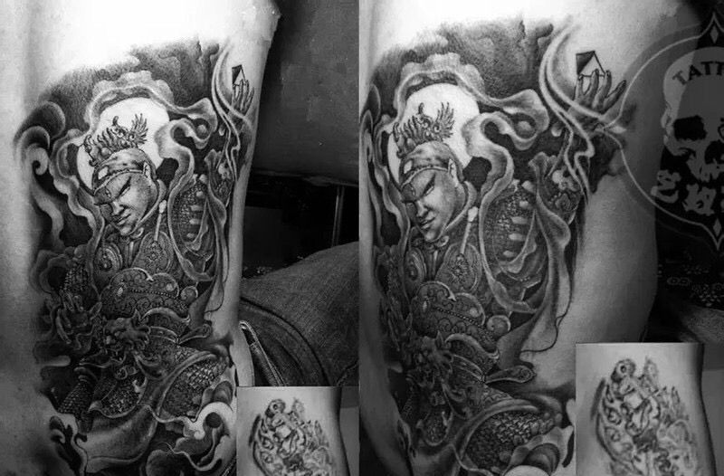 杨戬遮盖纹身图片_成品腰部传统鬼神人物纹身图案