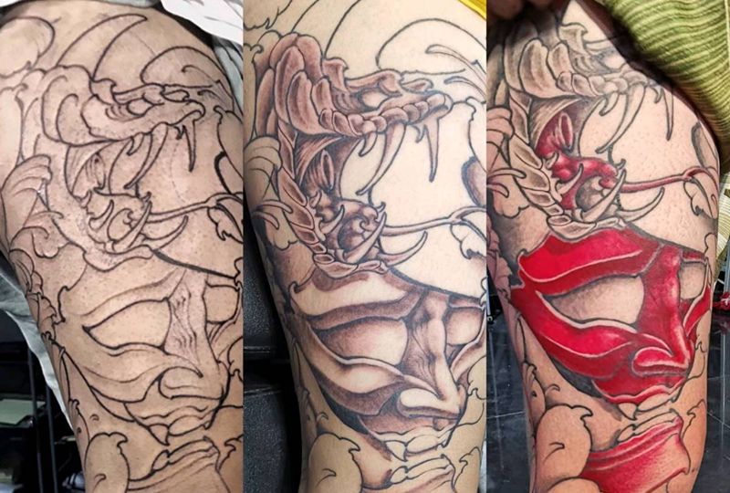 般若花腿（未完成）纹身图片_腿部新传统般若菊花蛇纹身图案