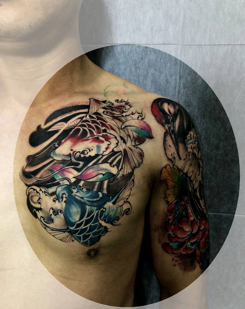 仙鹤纹身图片_胸部手臂新传统纹身图案