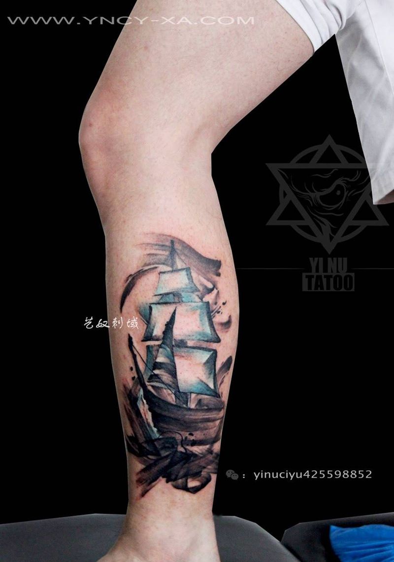 原创帆船纹身图片_成品腿部国画原创艺奴刺域纹身图案
