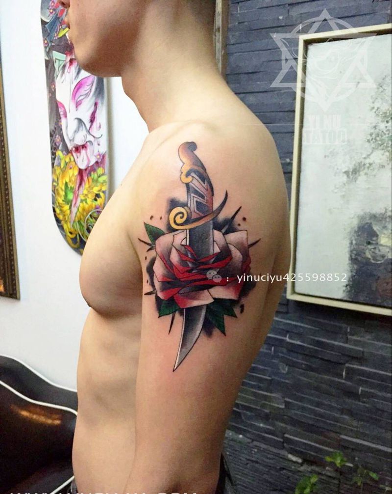 原创匕首玫瑰纹身图片_成品手臂欧美原创艺奴刺域纹身图案