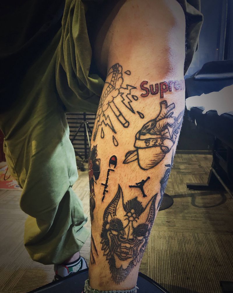 小腿拼接纹身图片_腿部Old School纹身图案