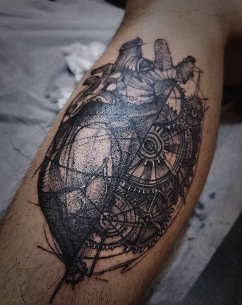 钢心蒸汽朋克纹身图片_腿部点刺纹身图案