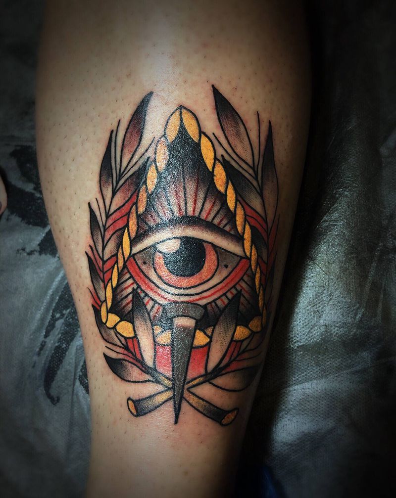 全视之眼纹身图片_脚部腿部Old School纹身图案