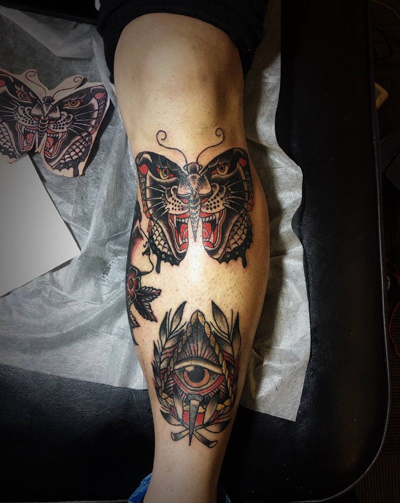 豹脸虫纹身图片_腿部Old School纹身图案