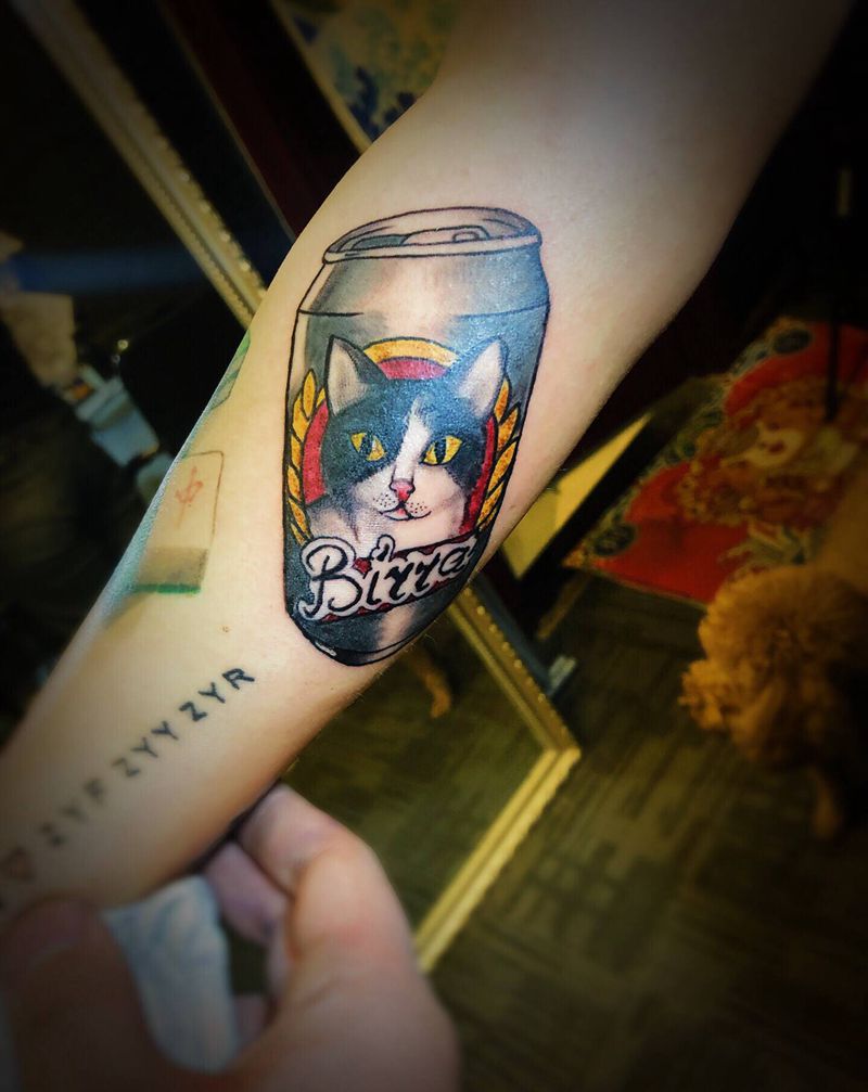 猫杯纹身图片_手臂Old School纹身图案