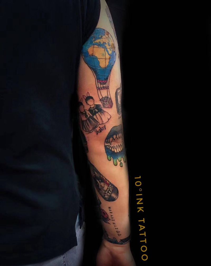 花臂拼接纹身图片_手臂Old School纹身图案