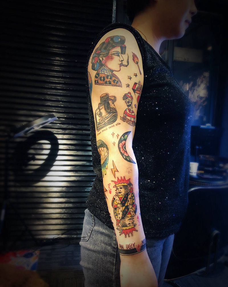 花臂拼接纹身图片_手臂Old School纹身图案