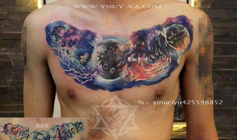 原创星空遮盖旧纹身纹身图片_成品胸部原创艺奴刺域纹身图案