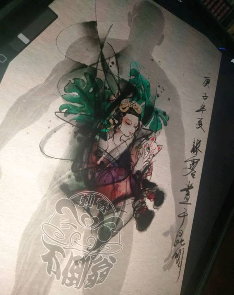 原创水墨艺伎纹身图片_水墨纹身图案