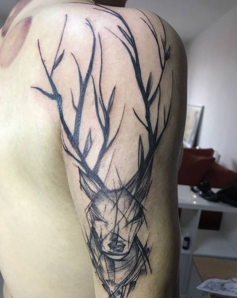 钢笔画风格鹿头纹身图片_动物成品手臂纹身图案