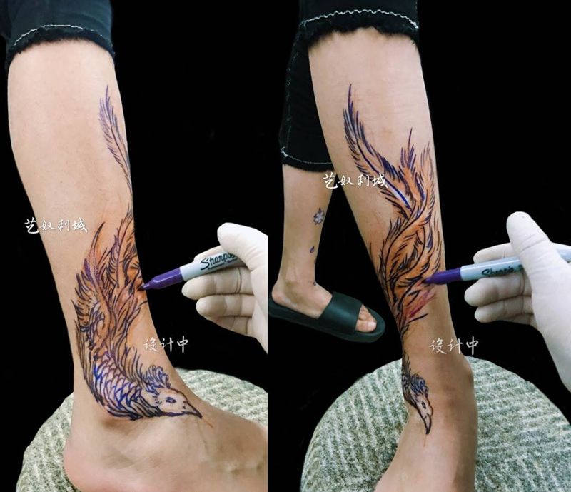 原创凤凰遮盖纹身图片_成品腿部传统动物原创艺奴刺域纹身图案