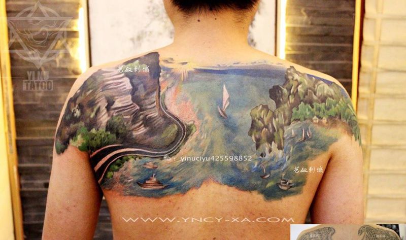 原创海景遮盖纹身图片_成品背部原创艺奴刺域纹身图案