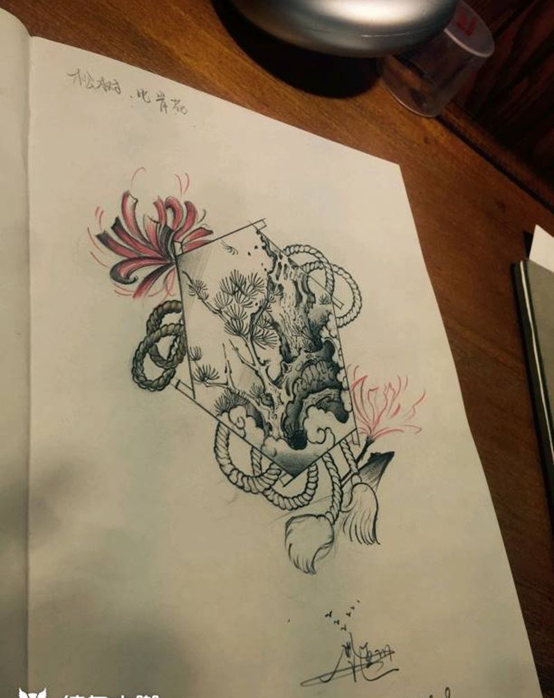 松 彼岸花纹身图片_手稿纹身图案