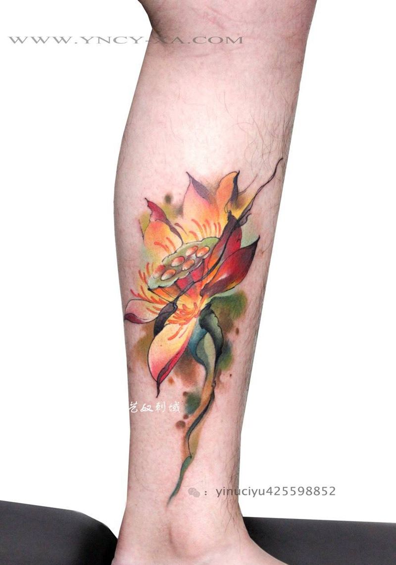 原创—莲纹身图片_成品清新花艺奴刺域原创腿部纹身图案