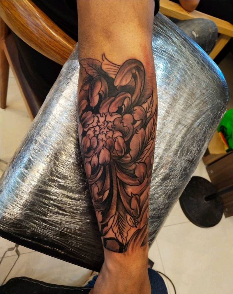 菊花纹身图片_腿部纹身图案