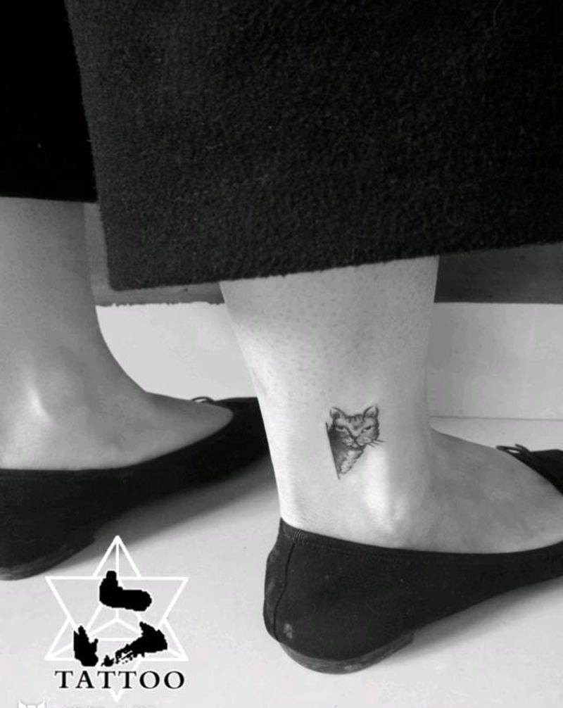 探头的猫咪纹身图片_脚部动物大理六刺青成品纹身图案