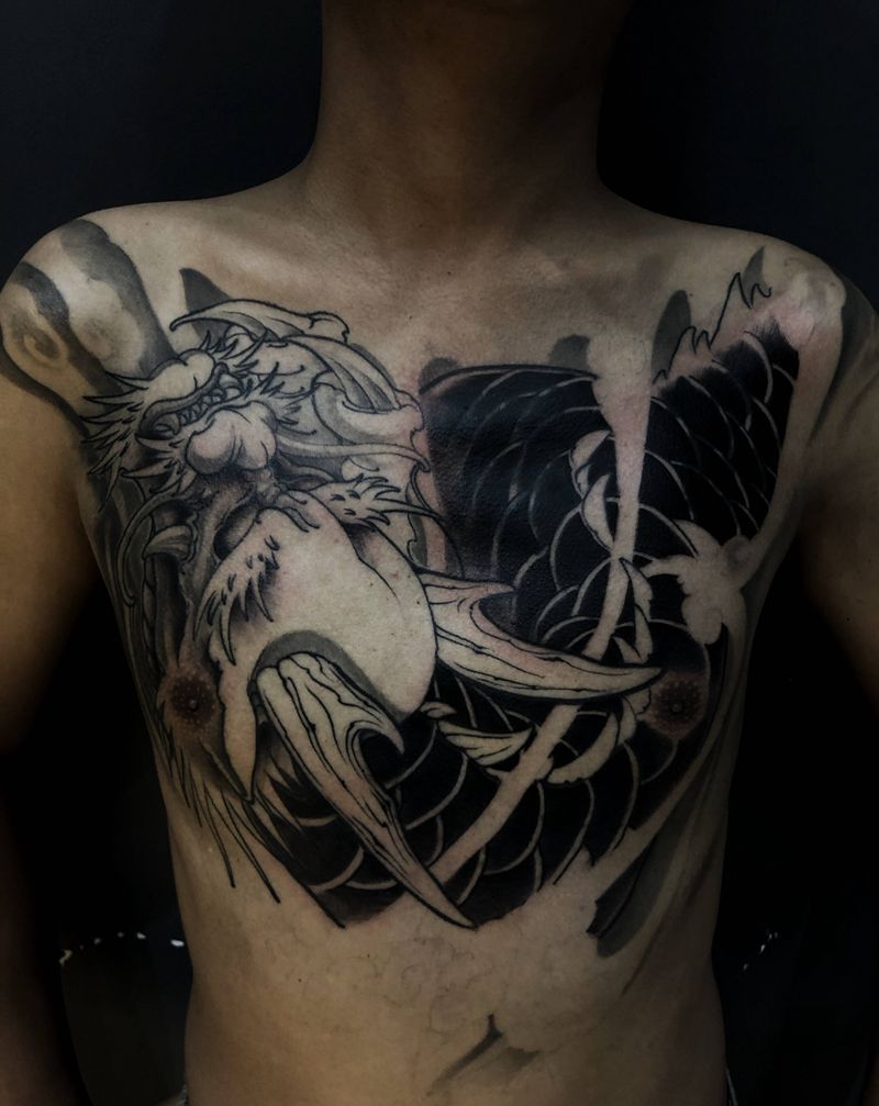 花胸龙纹身图片_胸部新传统龙纹身图案