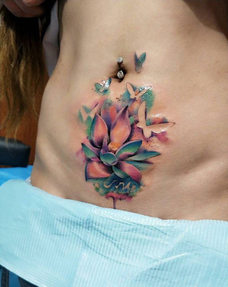 莲纹身图片_腹部欧美清新植物成品纹身图案