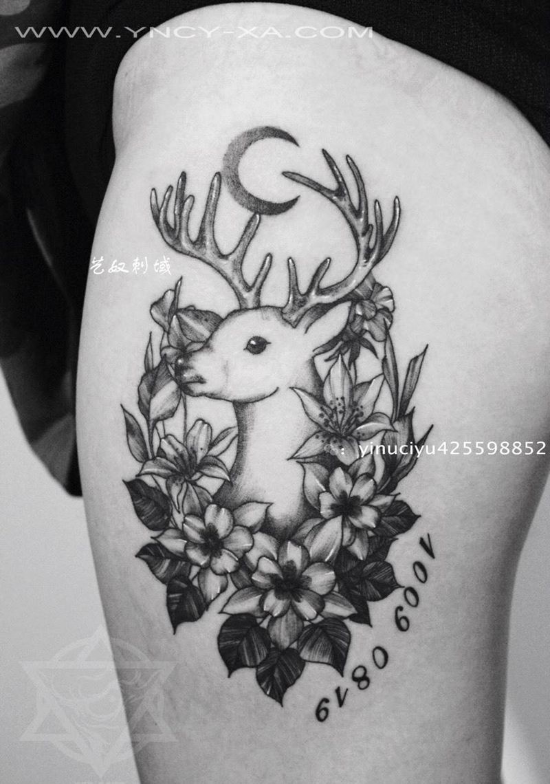 唯美鹿纹身纹身图片_成品腿部清新艺奴刺域动物纹身图案