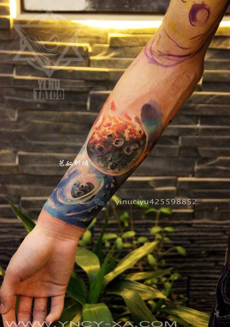 原创星空花臂未完纹身图片_手臂原创艺奴刺域纹身图案