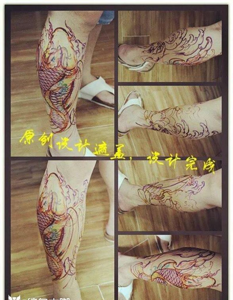 原创锦鲤遮盖纹身图片_成品腿部传统动物纹身图案