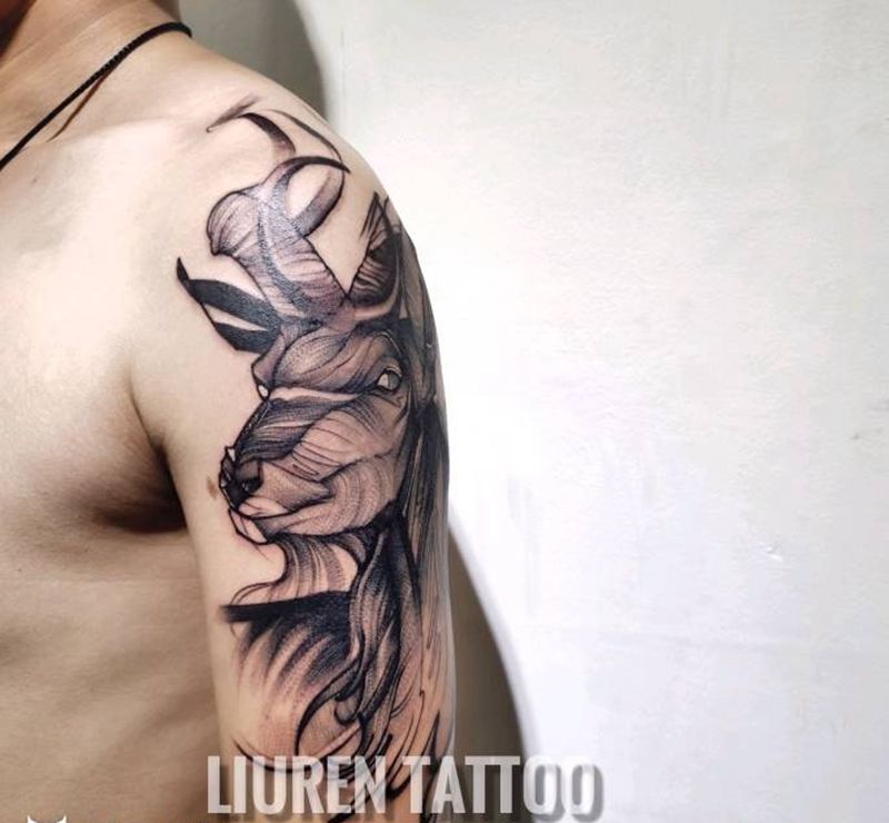 羊纹身图片_手臂点刺纹身图案