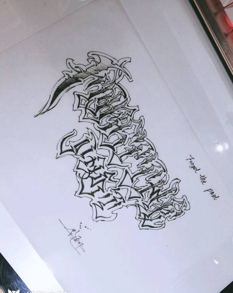 原创奇卡诺作品  忘记过去纹身图片_手臂欧美清新字符成品手稿纹身图案