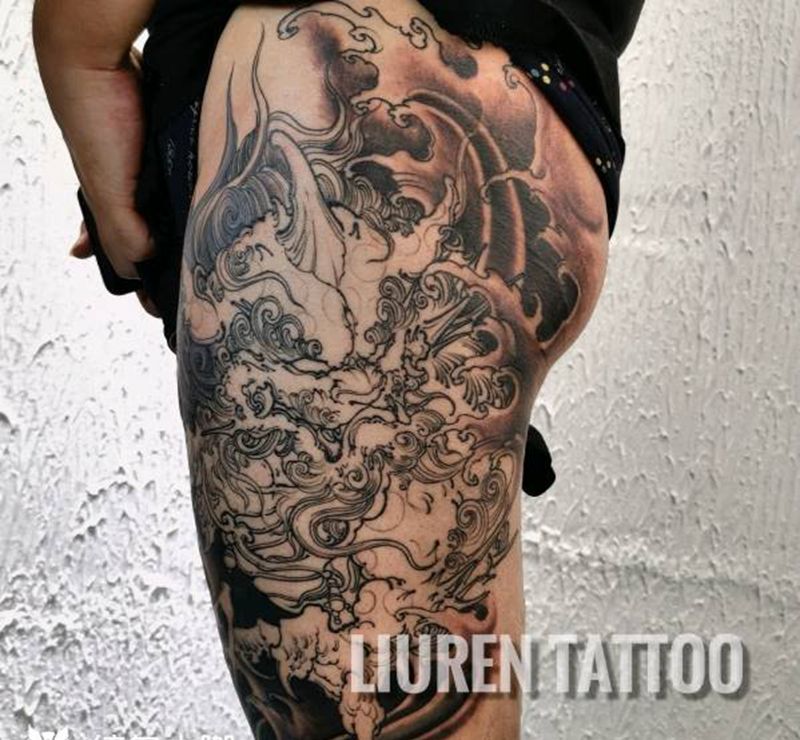 谛听纹身图片_臀部腿部纹身图案