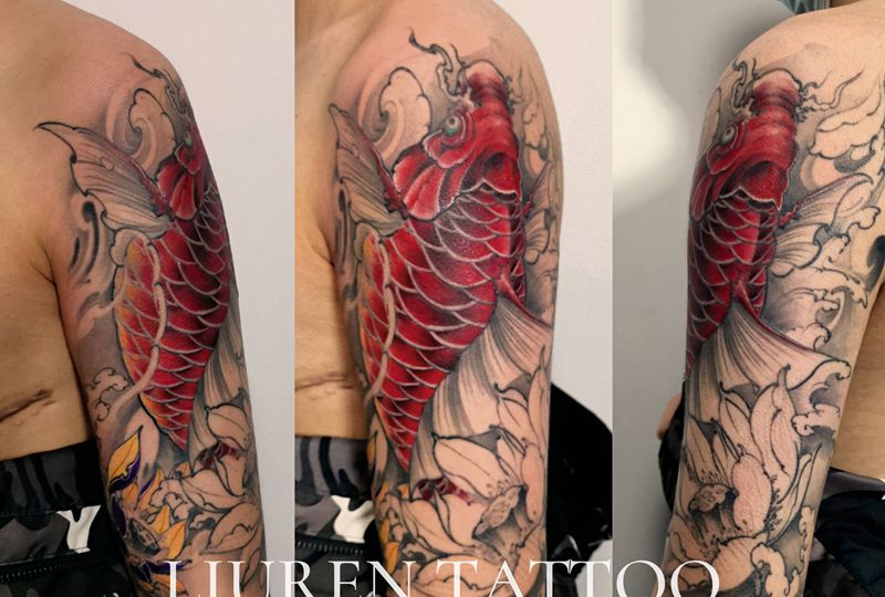 大红锦鲤纹身图片_手臂新传统鲤鱼纹身图案