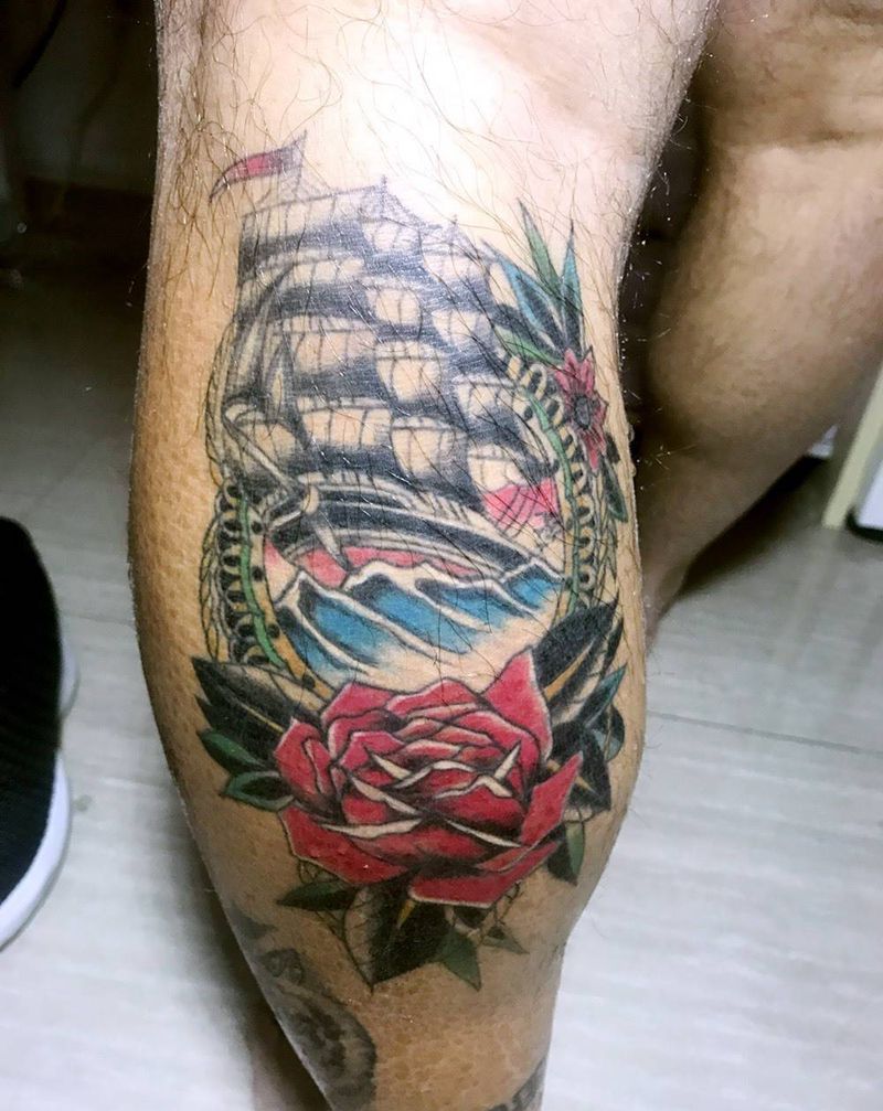 Oldschool纹身图片_成品腿部欧美纹身图案