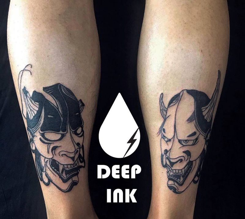 腿部般若纹身图片_成品腿部传统鬼神纹身图案