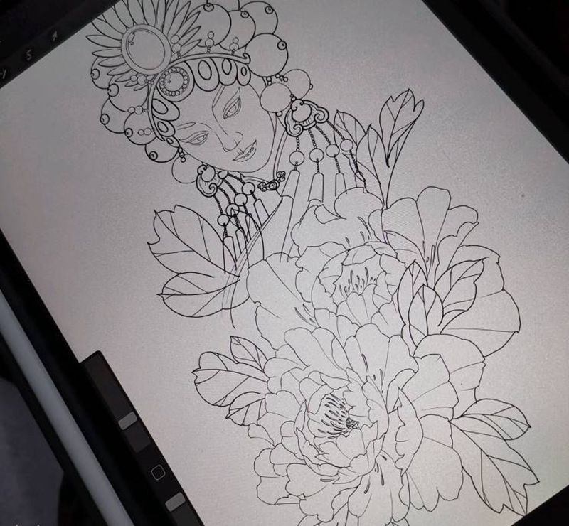 花旦花臂稿纹身图片_手臂新传统花旦牡丹纹身图案