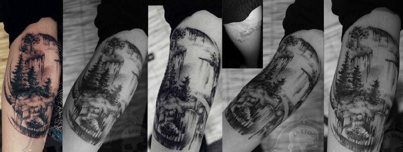 山水遮盖疤痕纹身图片_成品手臂传统艺奴刺域纹身图案