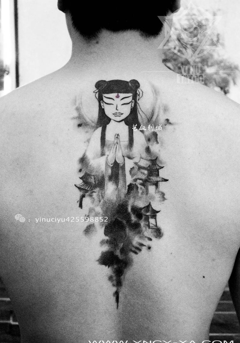 中国风哪吒纹身图片_成品背部国画艺奴刺域纹身图案
