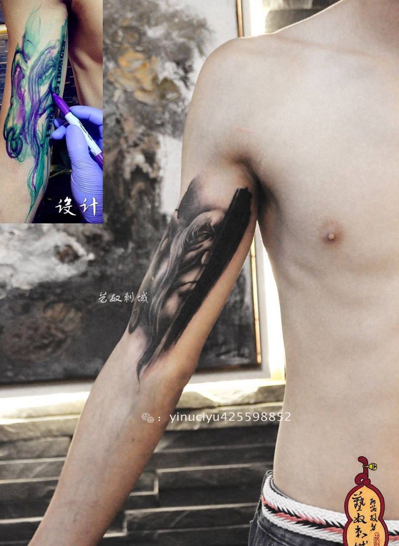 和尚老师原创-长眉遮盖纹身图片_成品手臂国画人物原创艺奴刺域纹身图案