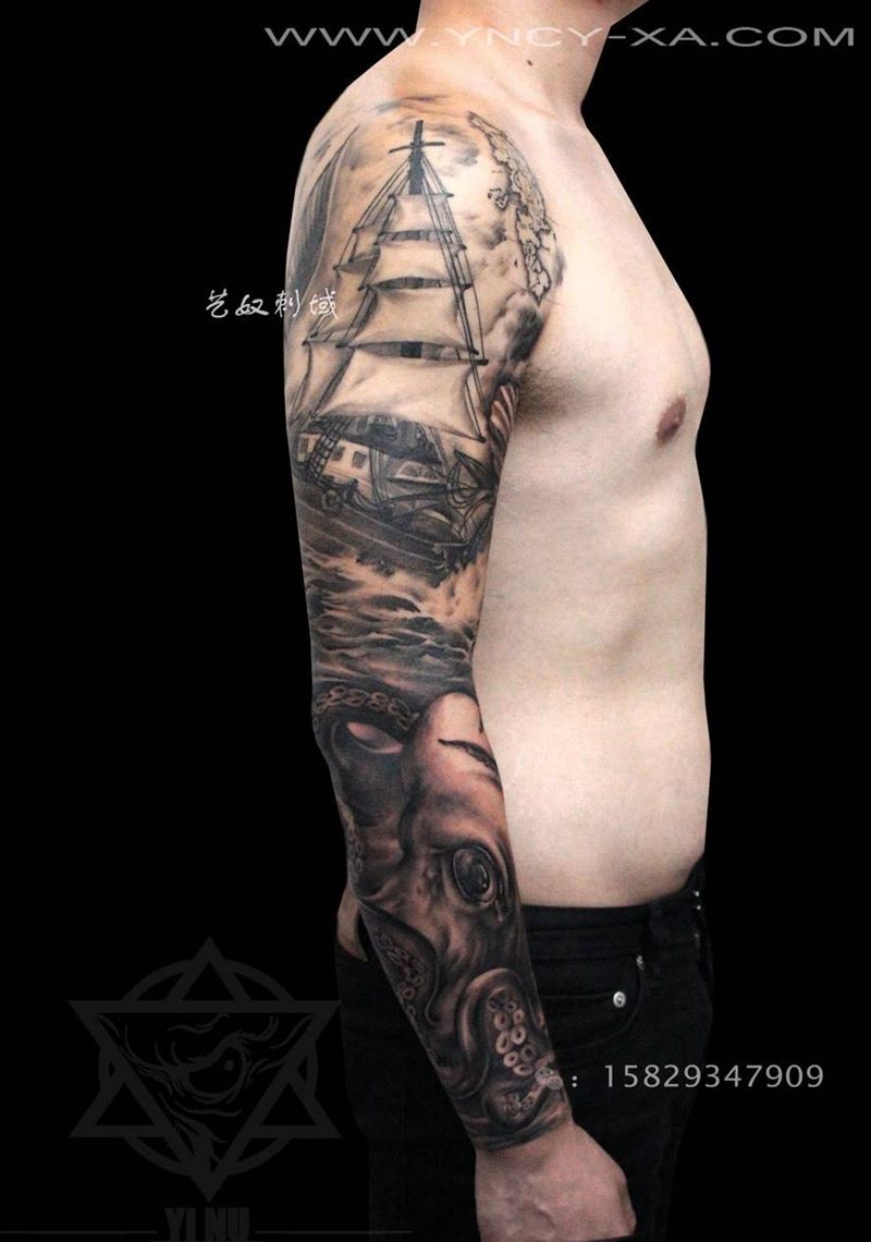 和尚老师原创花臂未完纹身图片_手臂欧美动物原创艺奴刺域纹身图案